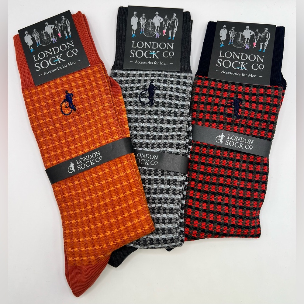 London Sock Co.- Men's Scottish Isle Socks - Orange, Grey, and Red,Set of 3, NWT